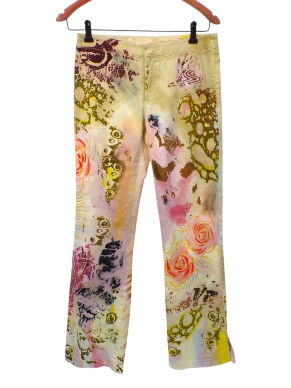 La Cite Paris Flare Jeans Pants Multicolor Abstract Floral Print Size 10
